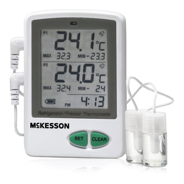 McKesson Datalogging Refrigerator / Freezer Thermometer with Alarm Fahrenheit / Celsius -58° to +158°F (-50° to +70°C) 2 Glycol Bottle Probes / Internal Sensor Flip-out Stand Battery Operated (1074442_EA)