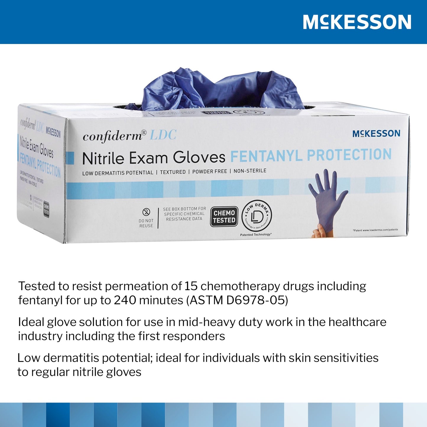 McKesson Confiderm® LDC Exam Glove X-Large NonSterile Nitrile Standard Cuff Length Fully Textured Blue Chemo Tested / Fentanyl Tested (1159332_CS)