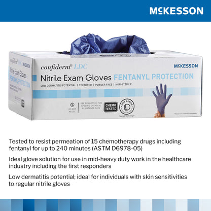McKesson Confiderm® LDC Exam Glove X-Large NonSterile Nitrile Standard Cuff Length Fully Textured Blue Chemo Tested / Fentanyl Tested (1159332_CS)