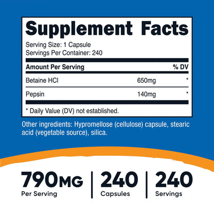 nutricost® Dietary Supplement Betaine HCl / Pepsin 790 mg Strength Capsule 240 Per Bottle (1270261_BT)
