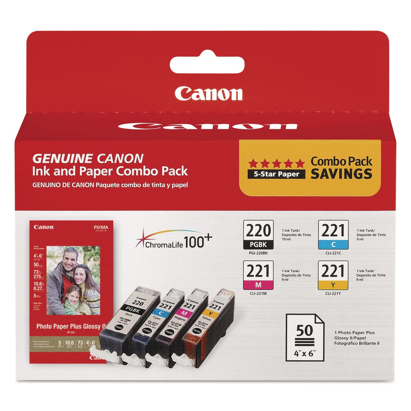 Canon® 2945B011 (PGI-220/CLI-221) ChromaLife100+ Ink/Paper Combo, Black/Cyan/Magenta/Yellow (CNM2945B011)