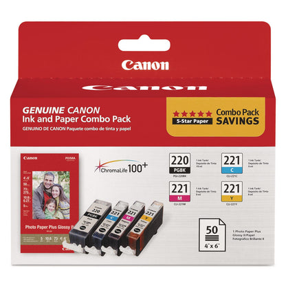 Canon® 2945B011 (PGI-220/CLI-221) ChromaLife100+ Ink/Paper Combo, Black/Cyan/Magenta/Yellow (CNM2945B011)