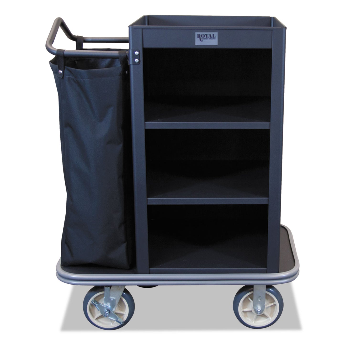 Royal Basket Trucks Compact Housekeeping Cart, Plastic, 4 Shelves, 1 Bin, 37" x 47" x 47", Black (RBTL37KKXM3C1CN)