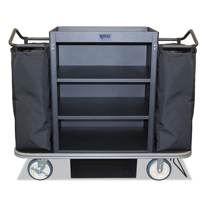 Royal Basket Trucks Deluxe Housekeeping Cart, Plastic, 4 Shelves, 2 Bins, 55" x 47" x 47", Black (RBTL55KKXM3C2DN)