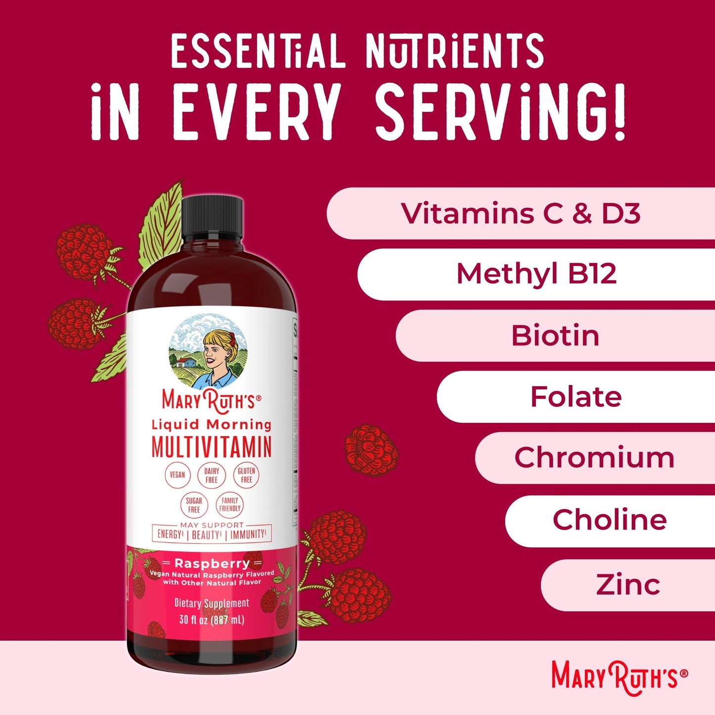 Mary Ruth's® Liquid Morning Multivitamin Dietary Supplement Vitamin A / C / D / E 80 mcg - 8 mg - 1.7 mcg - 1.5 mg Strength Liquid 30 oz. Raspberry Flavor (1271761_EA)