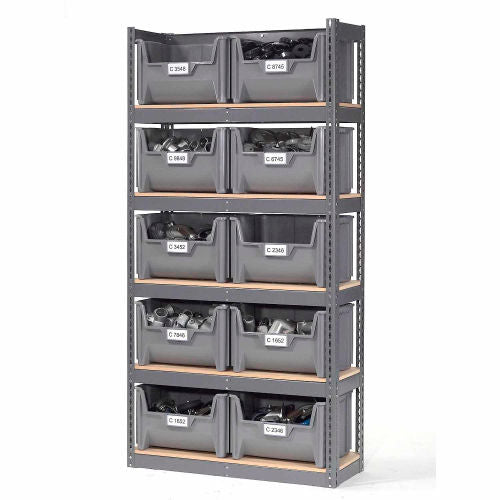 Global Industrial Steel Boltless Wood Deck Shelving - 10 Plastic Hopper Bins Gray, 42x15x84 (WB238203GY)