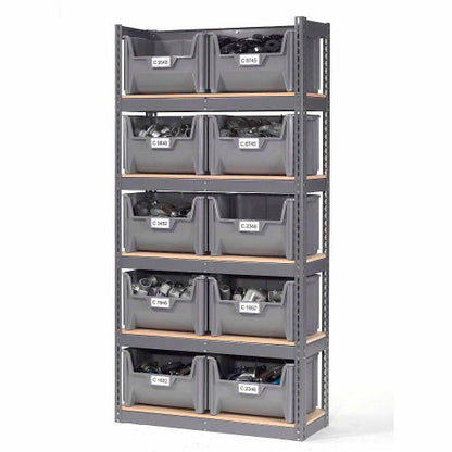 Global Industrial Steel Boltless Wood Deck Shelving - 10 Plastic Hopper Bins Gray, 42x15x84 (WB238203GY)