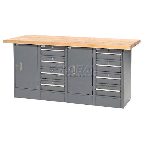 Global Industrial Workbench w/ Maple Square Edge Top, 8 Drawers & 2 Cabinets, 72"Wx30"D, Gray (WB239160)