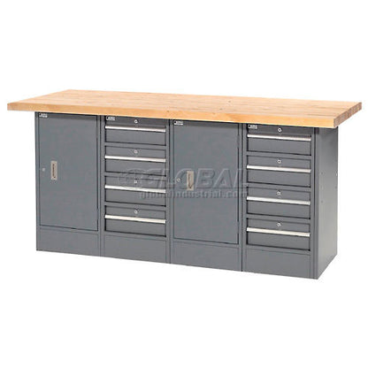 Global Industrial Workbench w/ Maple Square Edge Top, 8 Drawers & 2 Cabinets, 72"Wx30"D, Gray (WB239160)