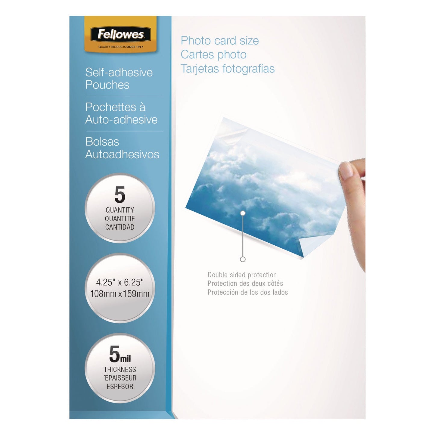 Fellowes Self-Adhesive Laminating Pouches, 5 mil, 4.25" x 6.25", Gloss Clear, 5/Pack (FEL52204)