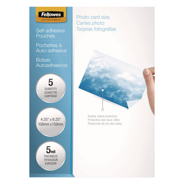 Fellowes Self-Adhesive Laminating Pouches, 5 mil, 4.25" x 6.25", Gloss Clear, 5/Pack (FEL52204)