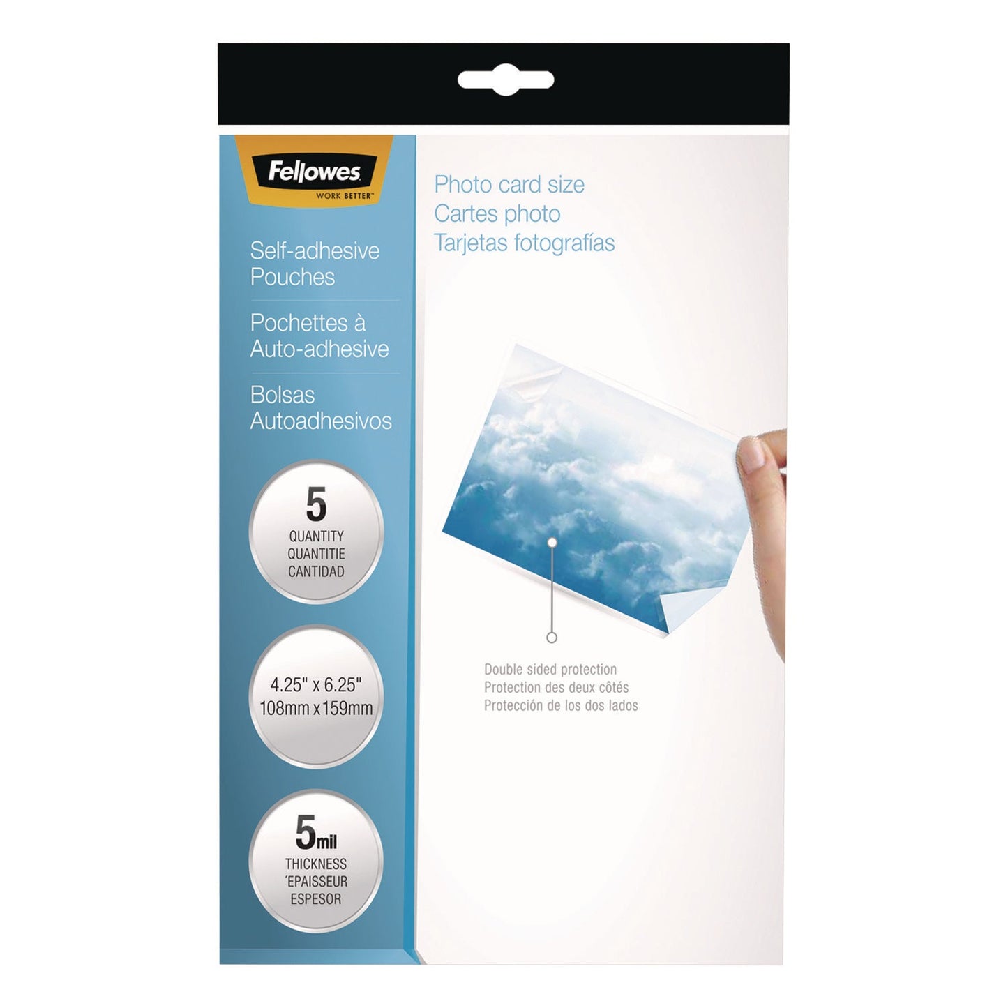 Fellowes Self-Adhesive Laminating Pouches, 5 mil, 4.25" x 6.25", Gloss Clear, 5/Pack (FEL52204)