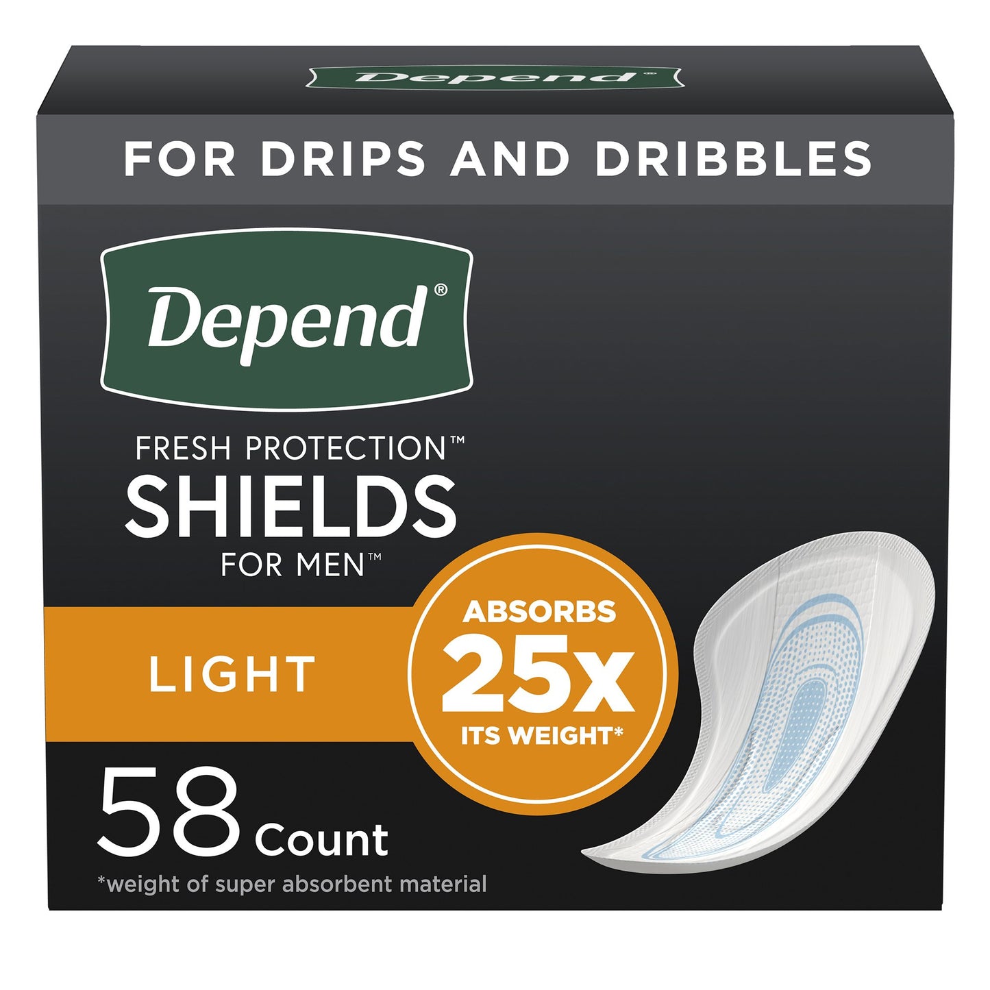 Depend® Shields for Men Bladder Control Pad 5 X 7-1/2 Inch Light Absorbency Sodium Polyacrylate Core One Size Fits Most (836349_PK)