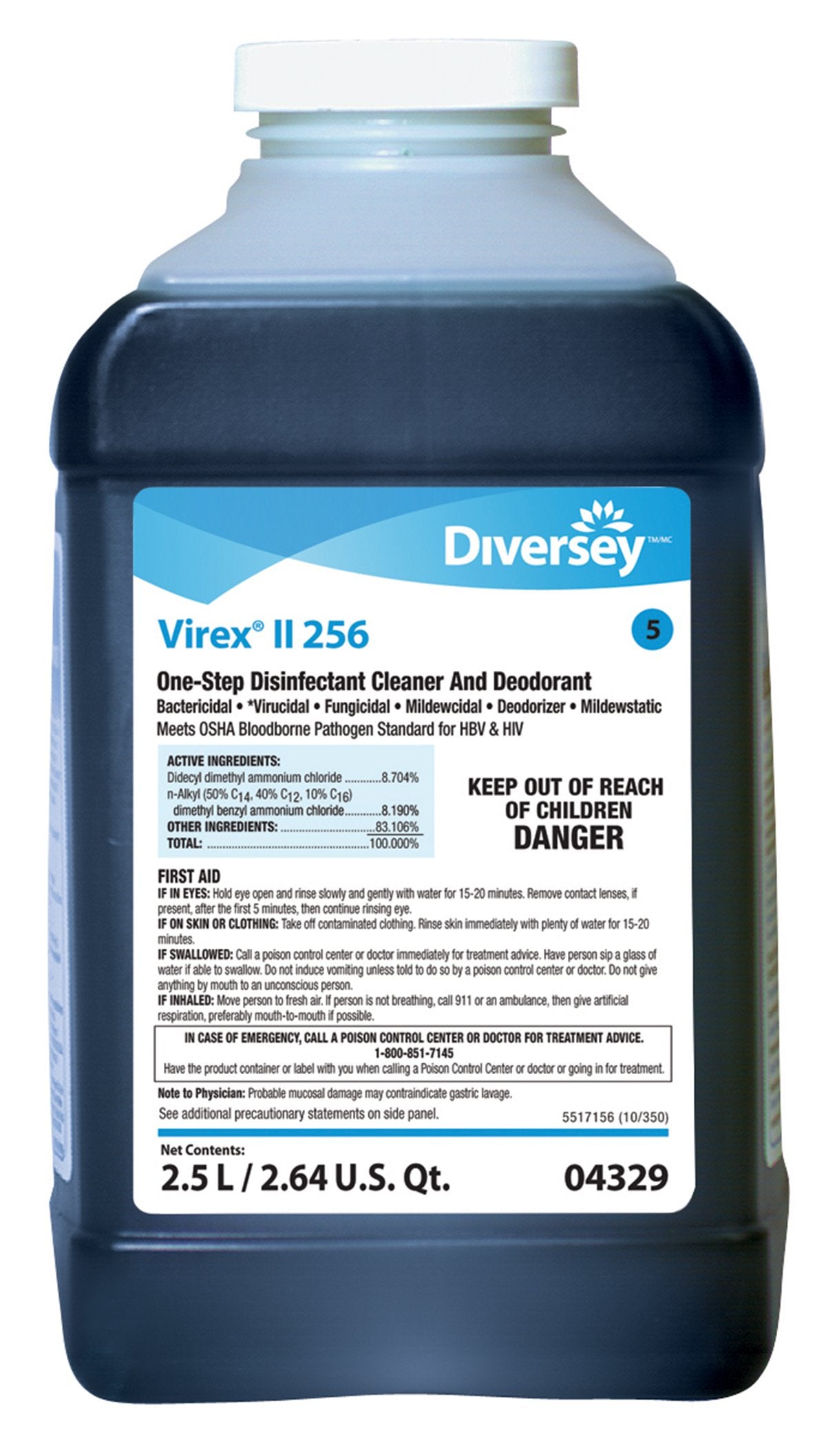 Diversey™ Virex® II 256 Surface Disinfectant Cleaner Quaternary Based J-Fill® Dispensing Systems Liquid Concentrate 2.5 Liter Bottle Mint Scent NonSterile (770113_CS)