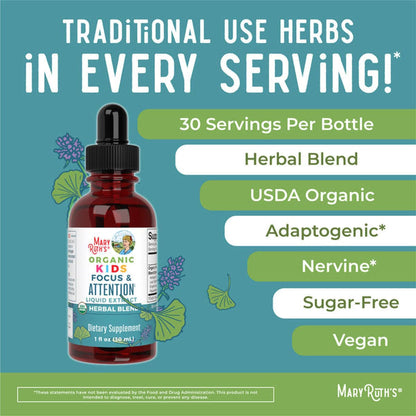 Mary Ruth's® Organic Kids Focus & Attention Dietary Supplement Organic Proprietary Blend 1,180 mg Strength Drop 1 oz. (1271770_EA)