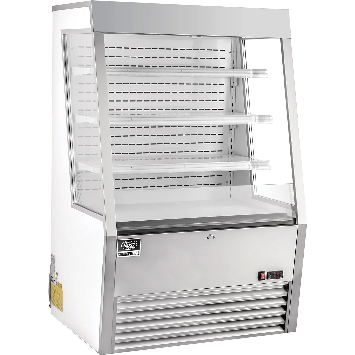 Global Industrial Nexel; Refrigerated Open Air Merchandiser w/ Curtain, 13.8 Cu. Ft., Stainless Steel (WB243211)