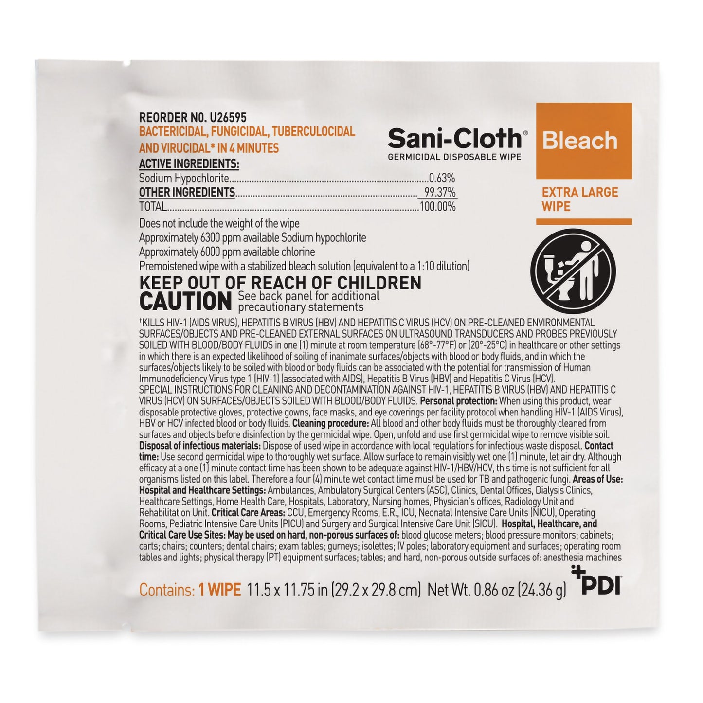 Sani-Cloth® Bleach Surface Disinfectant Cleaner Premoistened Germicidal Manual Pull Wipe 40 Count Individual Packet Chlorine Scent NonSterile (809669_BX)