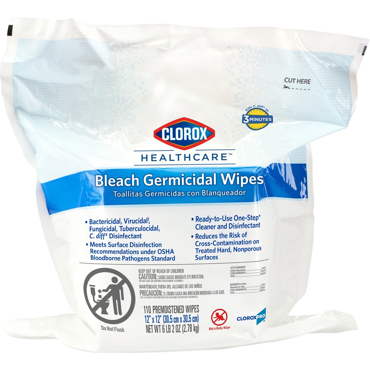 Clorox Healthcare® Bleach Germicidal Premoistened Germicidal Manual Pull Wipe 110 Count Pouch Floral Bleach Scent NonSterile (743112_CS)