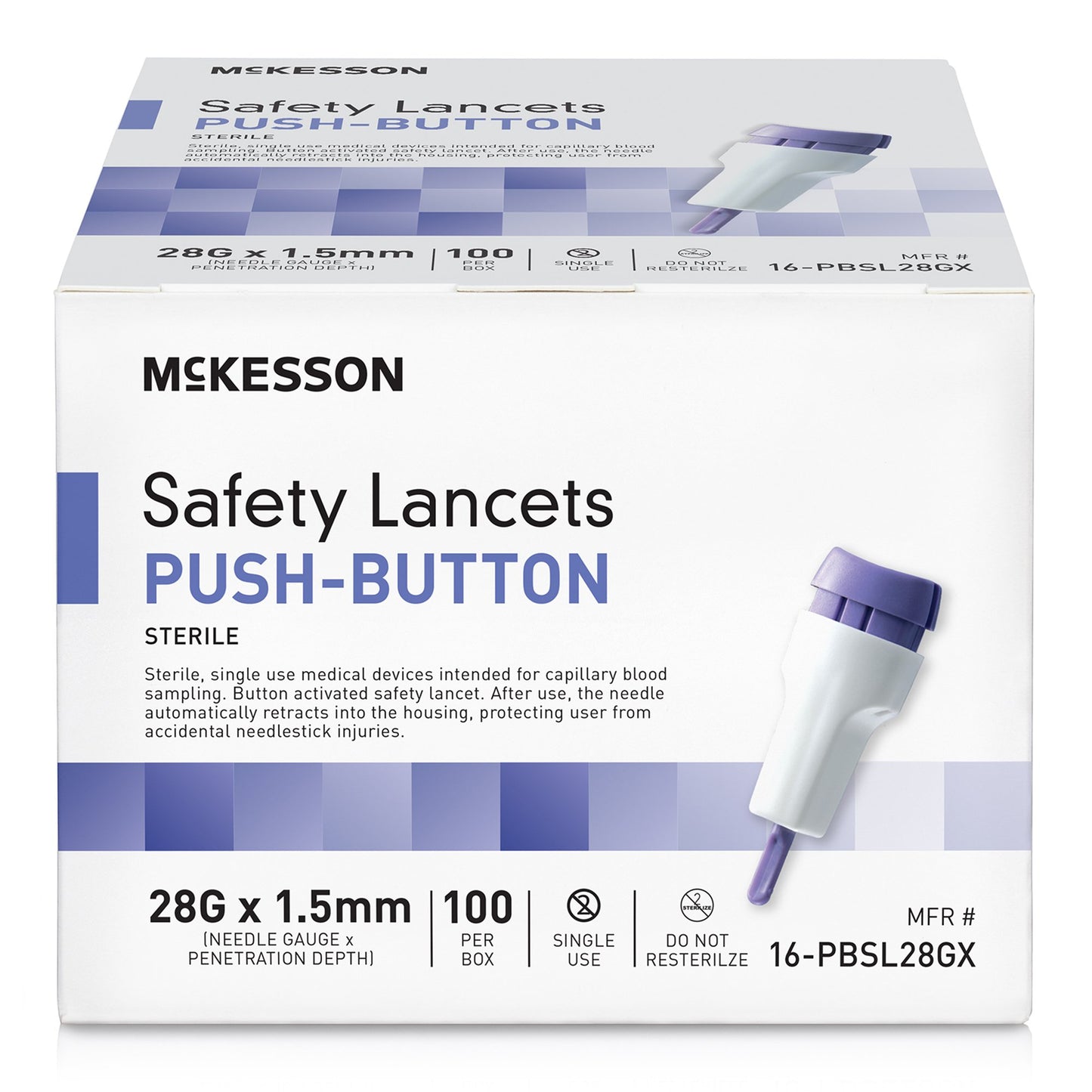 McKesson Safety Lancet 28 Gauge Retractable Push Button Activation Finger (1217991_CS)