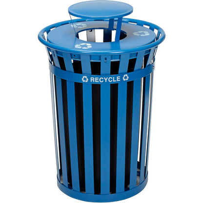 Global Industrial Outdoor Slatted Steel Recycling Can w/Rain Bonnet Lid, 36 Gallon, Blue (WB261850BL)