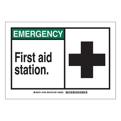 Brady EMERGENCY First Aid Station Signs, 10w x 7h, Black/Green (262-21806)