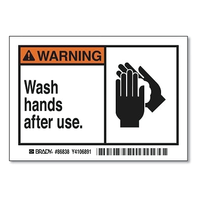 Brady Warning Wash Hands After Use Label, 3-1/2 in H x 5 in W, Black/Orange on White (262-86838)
