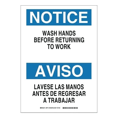 Brady English/Spanish Notice Wash Hands Before Returning To Work Sign, 14 in H x 10 in W, Black/Blue on White (262-87714)