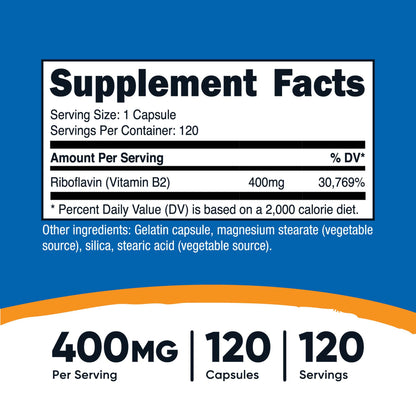 nutricost® Vitamin B2 Riboflavin Dietary Supplement Vitamin B2 400 mg Strength Capsule 120 Per Bottle (1270249_BT)