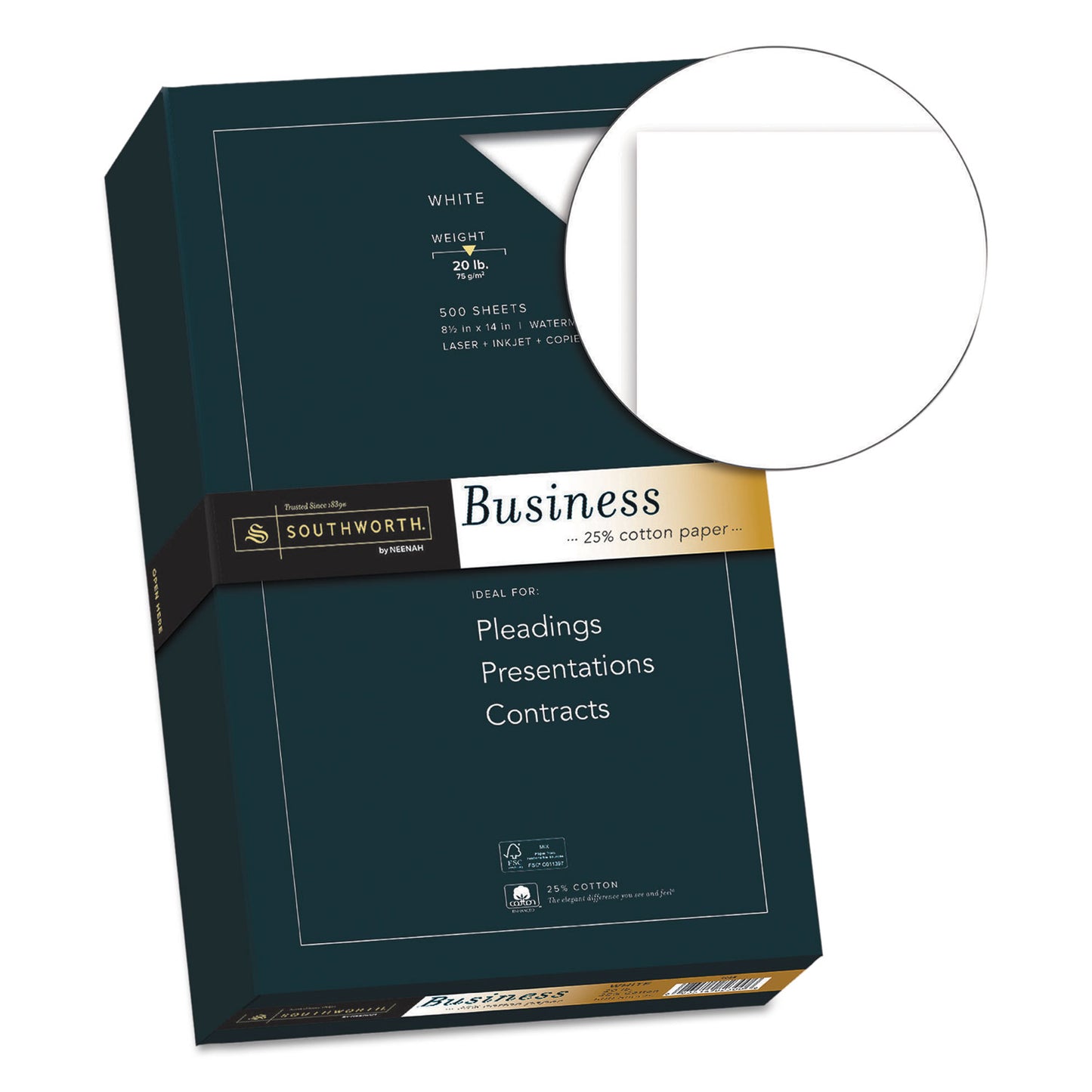 Southworth® 25% Cotton Business Paper, 95 Bright, 20 lb Bond Weight, 8.5 x 14, White, 500 Sheets/Ream (SOU403E)