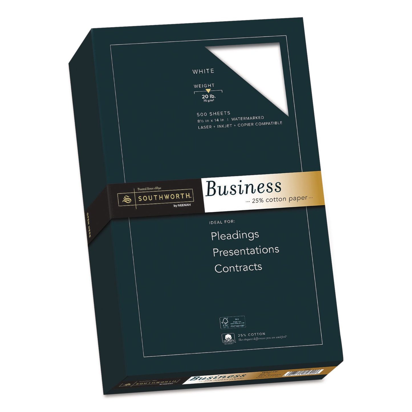Southworth® 25% Cotton Business Paper, 95 Bright, 20 lb Bond Weight, 8.5 x 14, White, 500 Sheets/Ream (SOU403E)