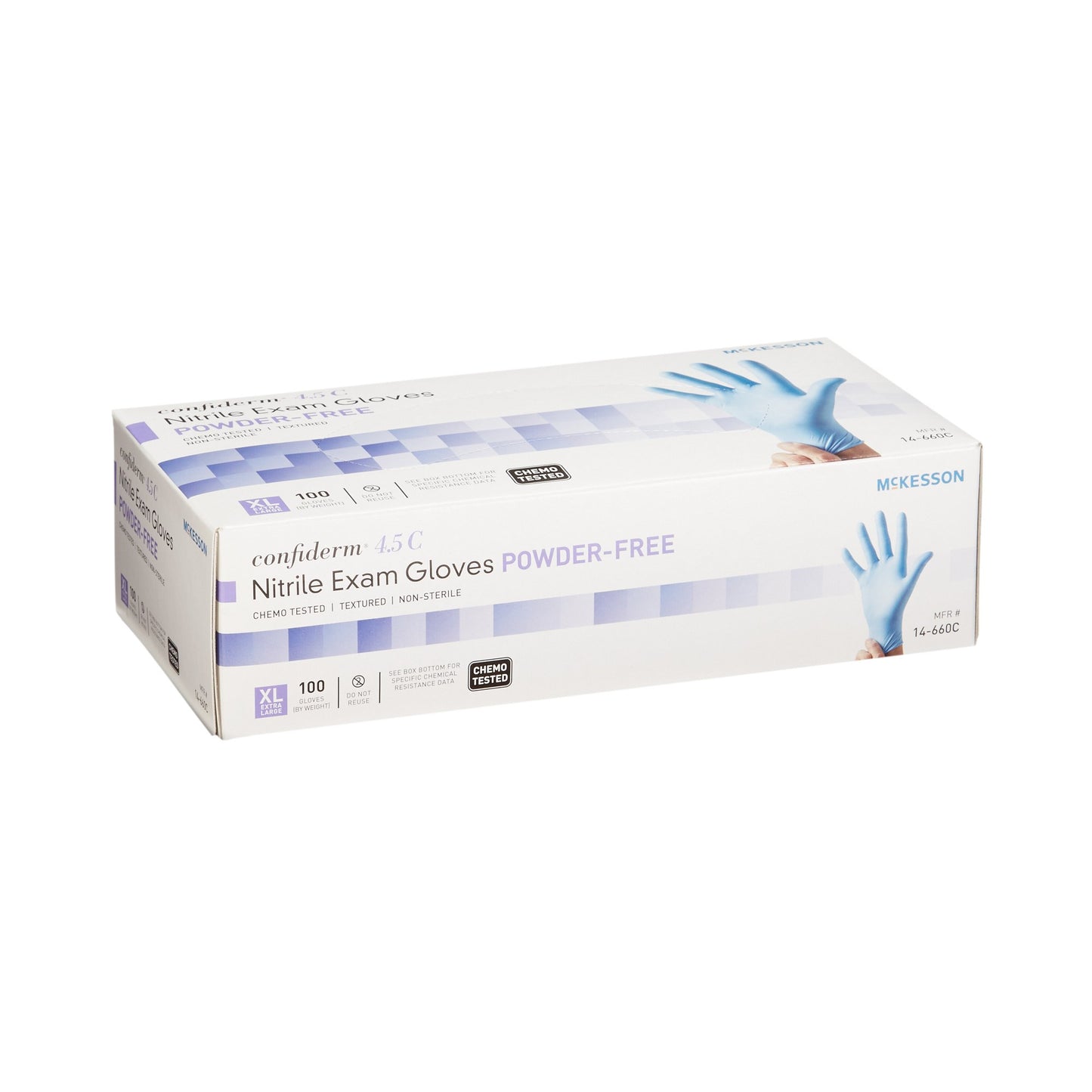 McKesson Confiderm® 4.5C Exam Glove X-Large NonSterile Nitrile Standard Cuff Length Textured Fingertips Blue Chemo Tested (921605_BX)