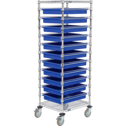 Global Industrial Chrome Wire Cart With (11) 3"H Blue Grid Containers, 21x24x69 (WB269029BL)