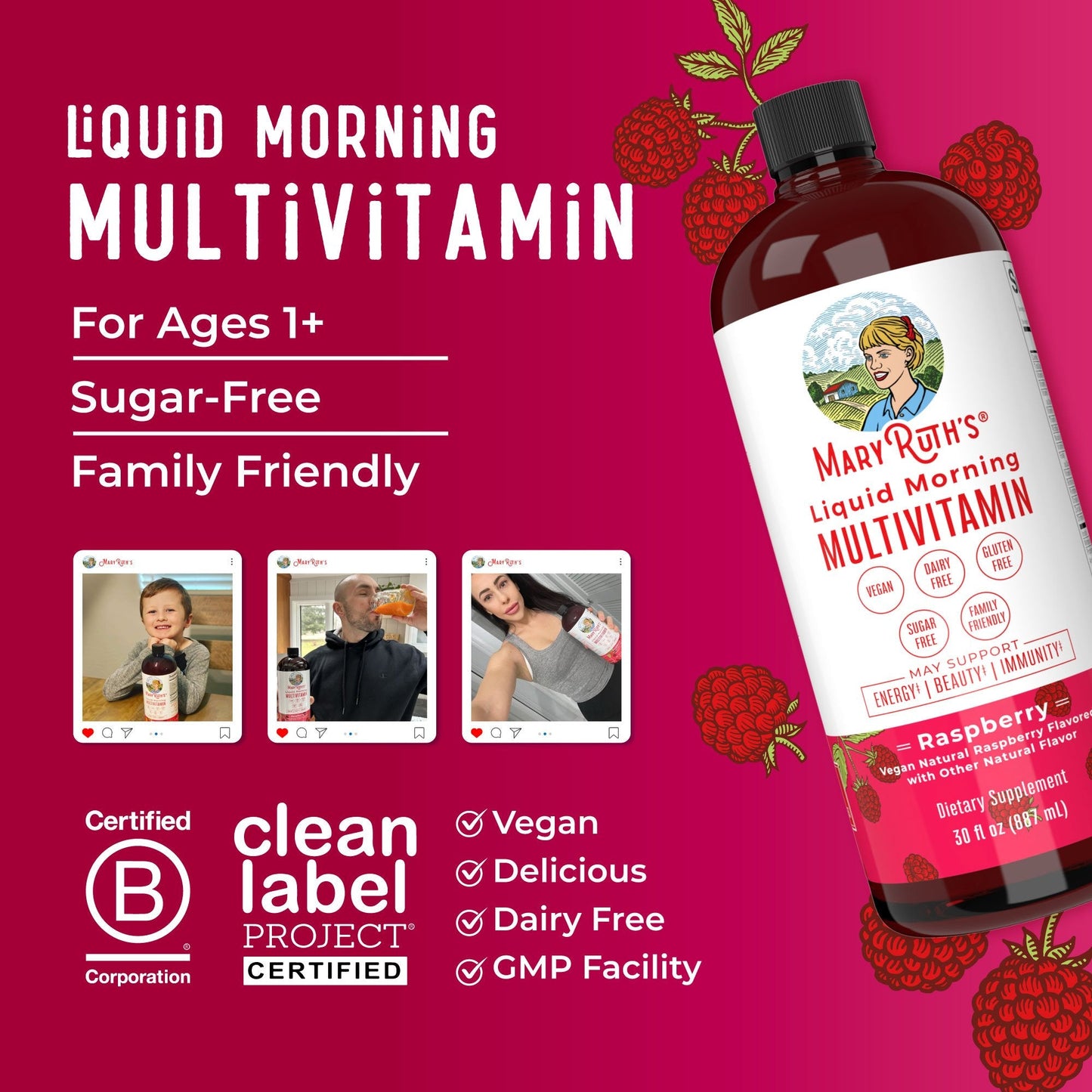 Mary Ruth's® Liquid Morning Multivitamin Dietary Supplement Vitamin A / C / D / E 80 mcg - 8 mg - 1.7 mcg - 1.5 mg Strength Liquid 30 oz. Raspberry Flavor (1271761_EA)