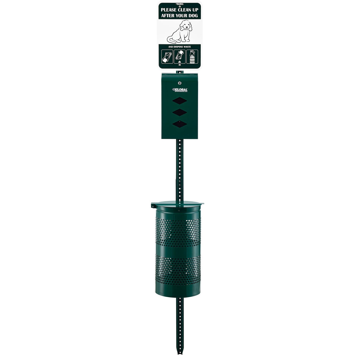 Global Industrial Steel Pet Waste Station With Rolled Waste Bags, Green (WB695795)