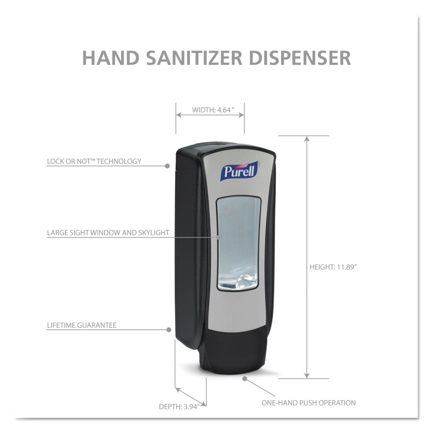 PURELL® ADX-12 Dispenser, 1,200 mL, 4.5 x 4 x 11.25, Chrome/Black (GOJ882806)