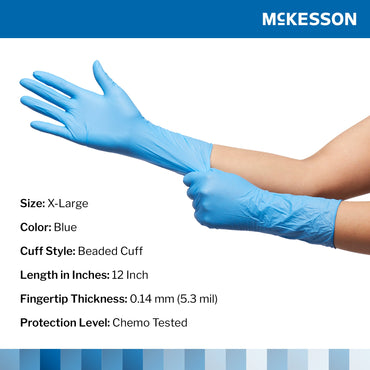 McKesson Confiderm® 6.5CX Exam Glove X-Large NonSterile Nitrile Extended Cuff Length Textured Fingertips Blue Chemo Tested (921609_CS)