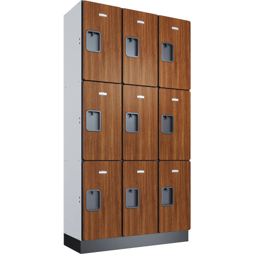 Global Industrial 3-Tier 9 Door Wood Locker, 36"W x 15"D x 72"H, Cherry, Assembled (WB299224)