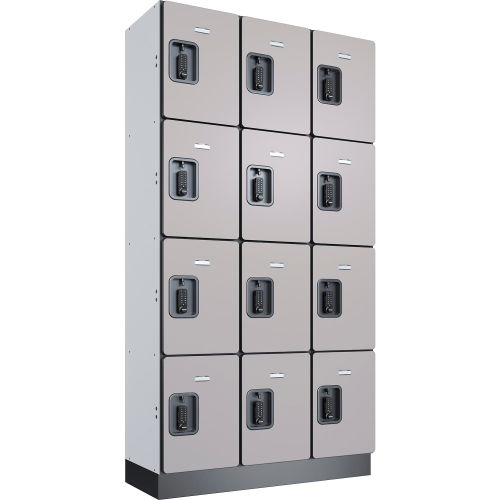 Global Industrial 4-Tier 12 Door Digital Wood Locker, 36"W x 15"D x 72"H, Gray, Assembled (WB299237)
