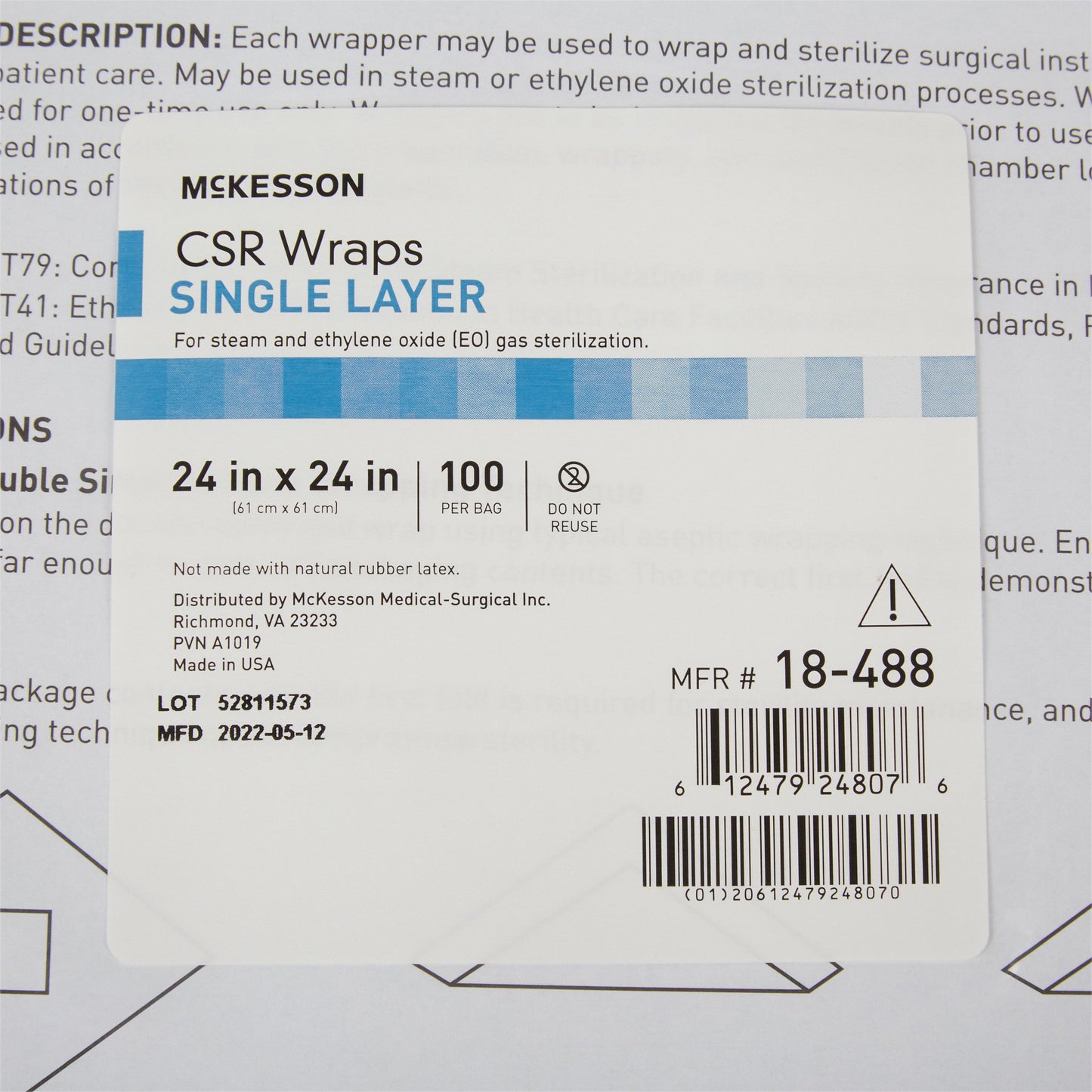 McKesson Sterilization Wrap Blue 24 X 24 Inch Single Layer Cellulose Steam / EO Gas (1156127_CS)