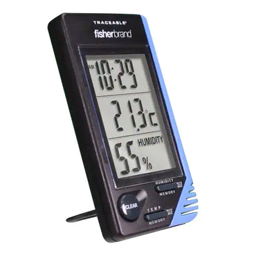 Fisherbrand™ Traceable® Thermometer / Clock / Humidity Monitor Fahrenheit / Celsius 32° to 122°F (0° to 50°C) Internal Sensor Flip-out Stand / Wall Mount Battery Operated (482112_EA)