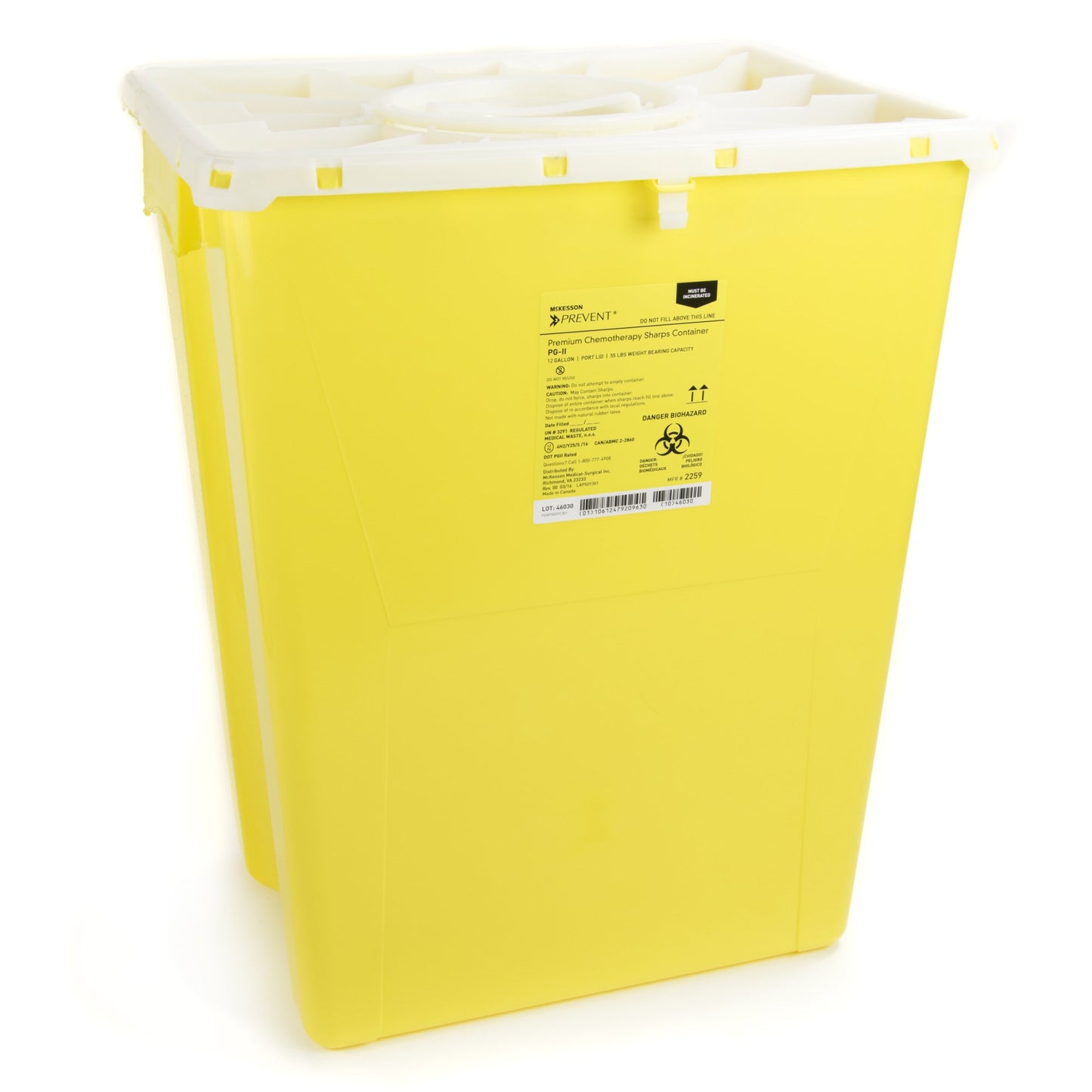 McKesson Prevent® Chemotherapy Waste Container Yellow Base 20-4/5 H X 17-3/10 W X 13 L Inch Vertical Entry 12 Gallon (869602_EA)