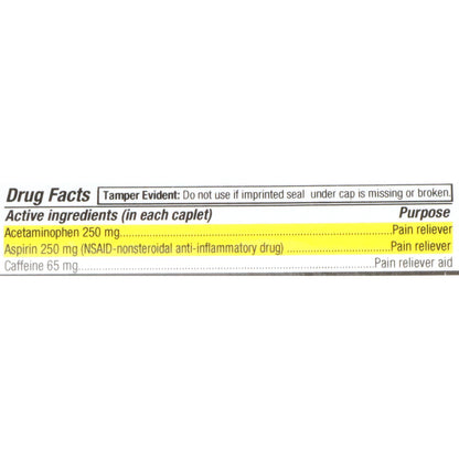 McKesson Brand Pain Relief 250 mg - 250 mg - 65 mg Strength Acetaminophen / Aspirin / Caffeine Caplet 100 per Bottle (868383_CS)