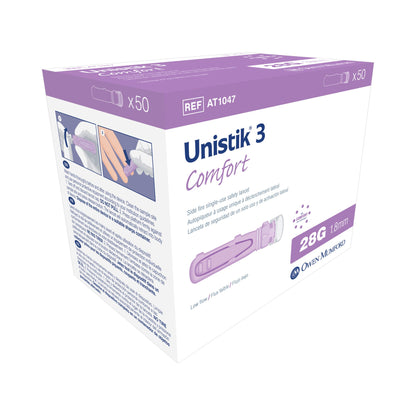 Unistik 3 Safety Lancet 28 Gauge Visual Lockout Push Button Activation Finger (701114_BX)