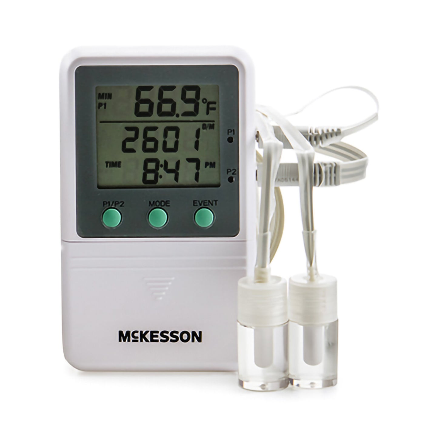 McKesson Digital Refrigerator / Freezer Thermometer with Alarm Fahrenheit / Celsius -58° to +158°F (-50° to +70°C) 2 Glycol Bottle Probes Multiple Mounting Options Battery Operated (1074441_EA)