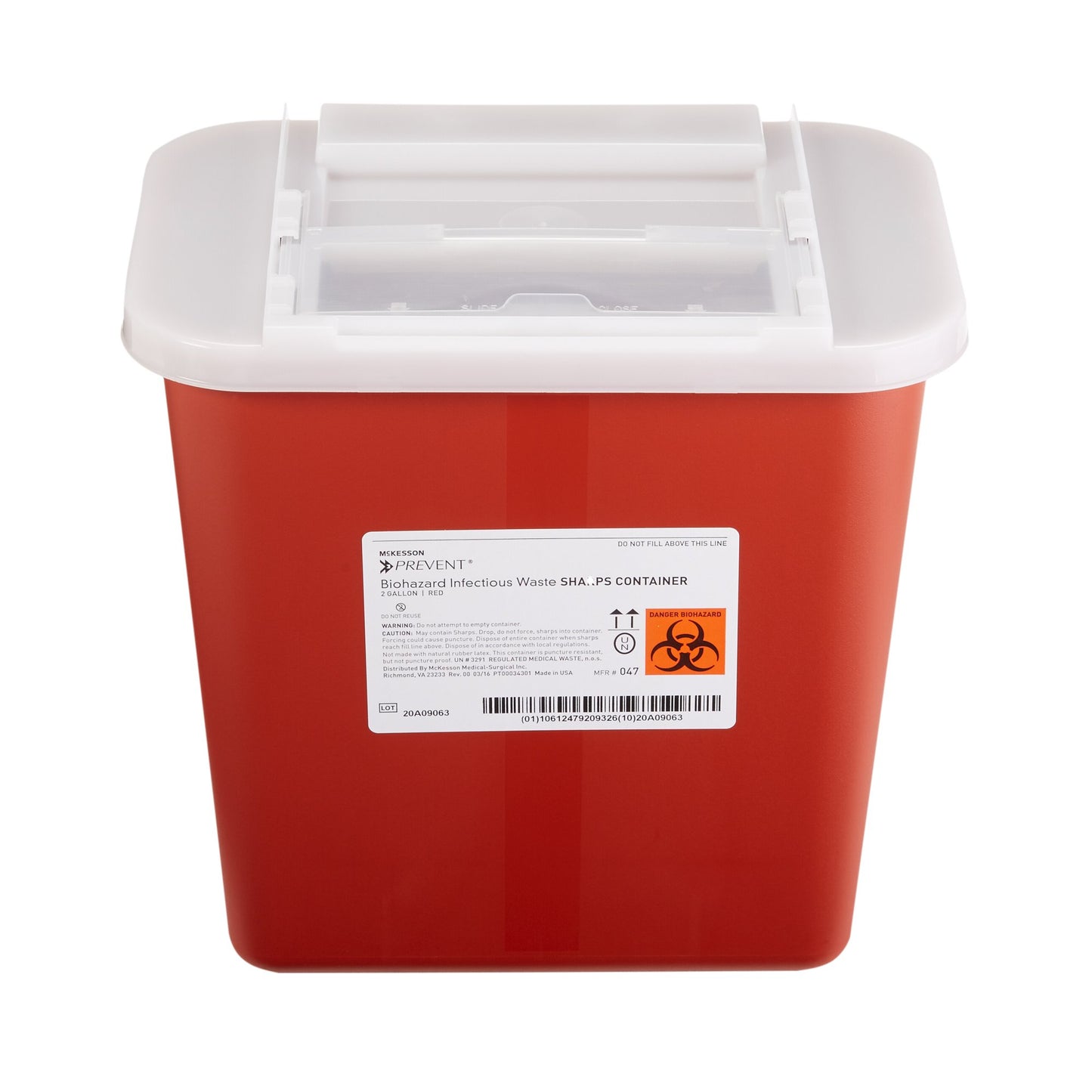 McKesson Prevent® Sharps Container Red Base 10-1/4 H X 7 W X 10-1/2 D Inch Horizontal Entry 2 Gallon (855063_EA)