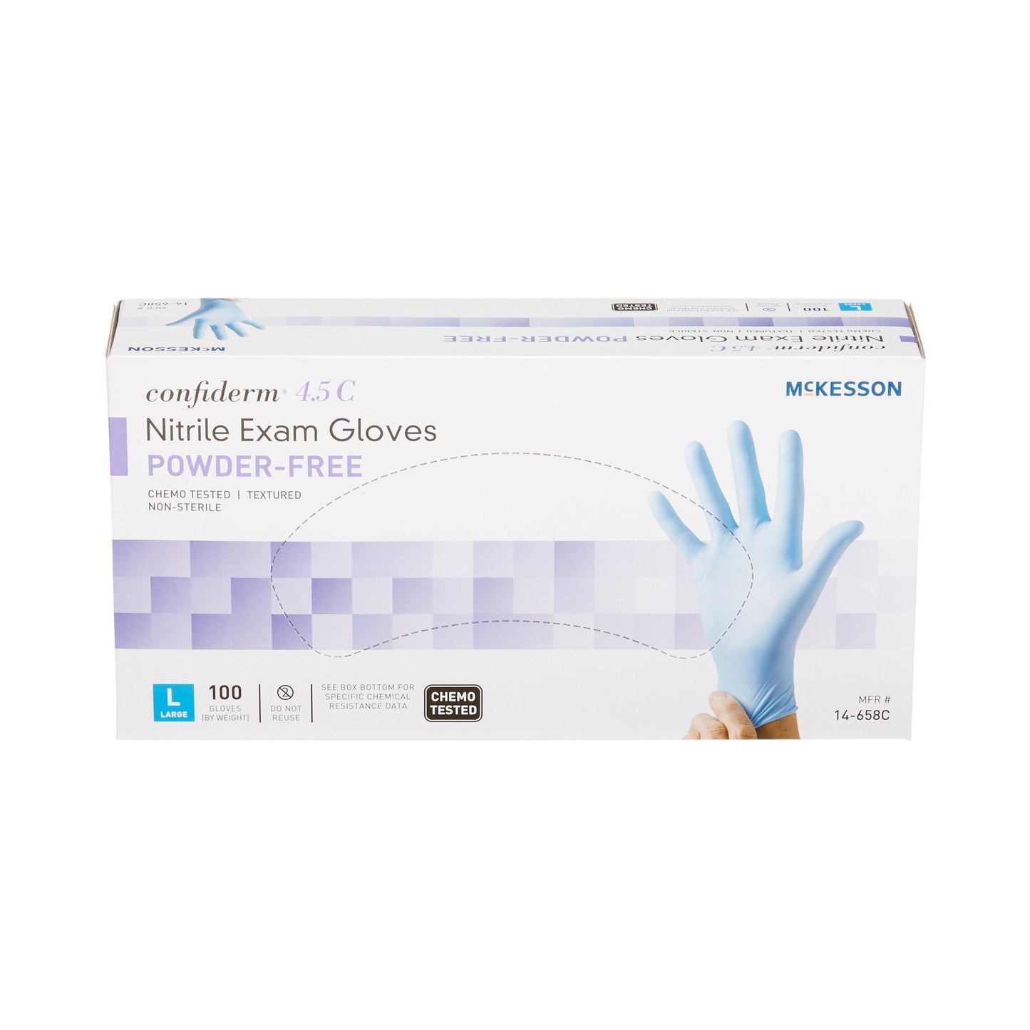McKesson Confiderm® 4.5C Exam Glove Large NonSterile Nitrile Standard Cuff Length Textured Fingertips Blue Chemo Tested (921604_CS)