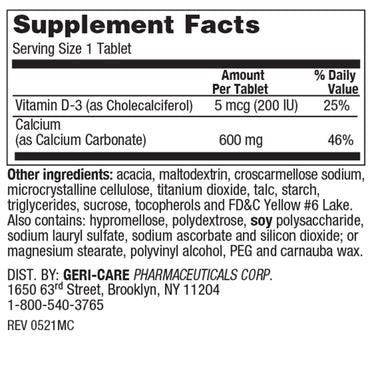 Geri-Care® Joint Health Supplement Vitamin D3 / Calcium Carbonate 200 IU - 600 mg Strength Tablet 60 per Bottle (1240592_BT)