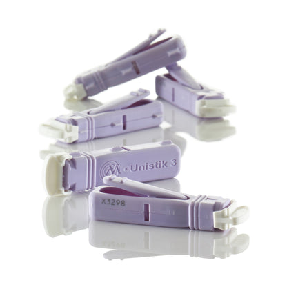 Unistik 3 Safety Lancet 28 Gauge Visual Lockout Push Button Activation Finger (701114_BX)