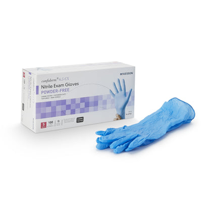 McKesson Confiderm® 6.5CX Exam Glove Small NonSterile Nitrile Extended Cuff Length Textured Fingertips Blue Chemo Tested (921606_BX)