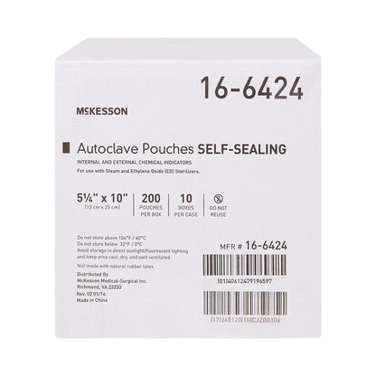 McKesson Sterilization Pouch Ethylene Oxide (EO) Gas / Steam 5-1/4 X 10 Inch Transparent Blue / White Self Seal Paper / Film (960944_BX)